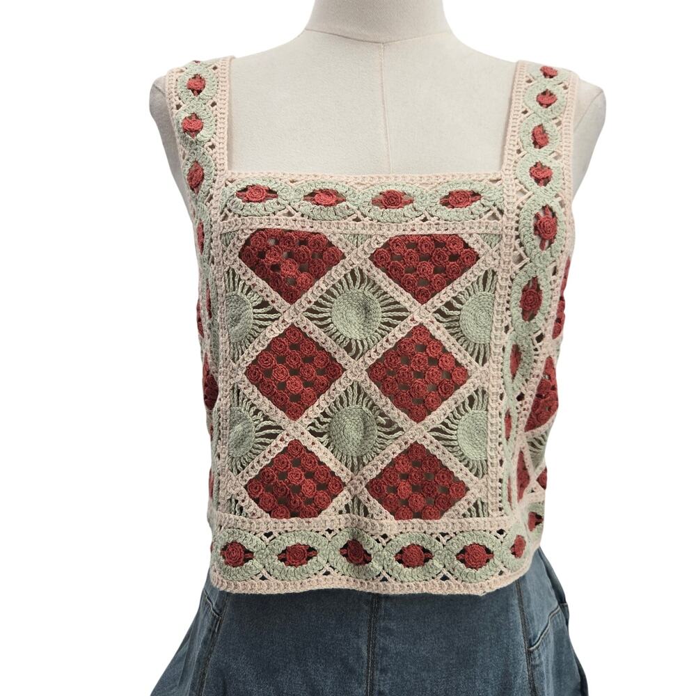 NWT MNG Womens Y2K Boho Hippie Festival Knit Crochet Square Neck Crop Top S